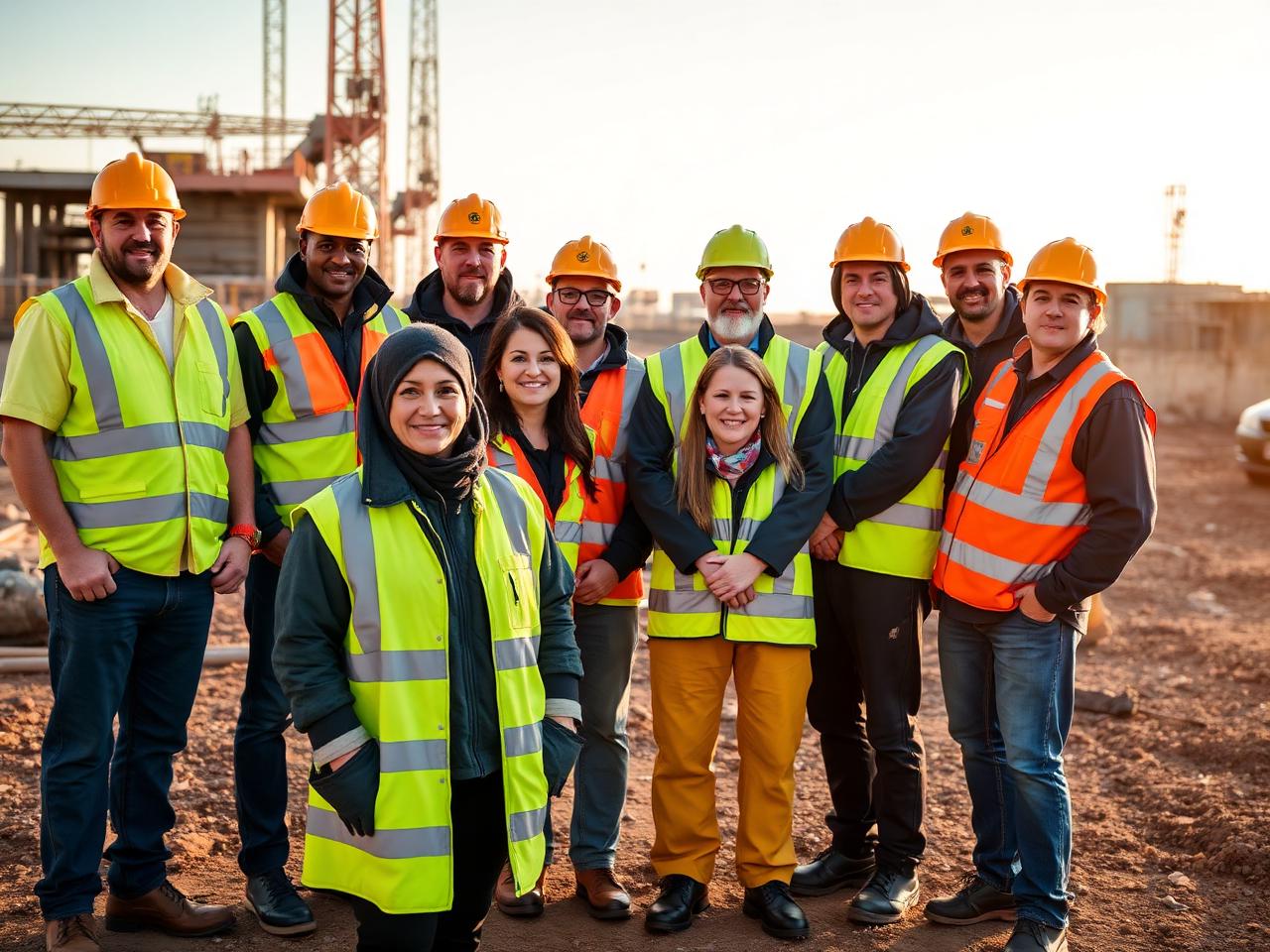 Diverse New Zealand team of workers in high-visibility uniforms